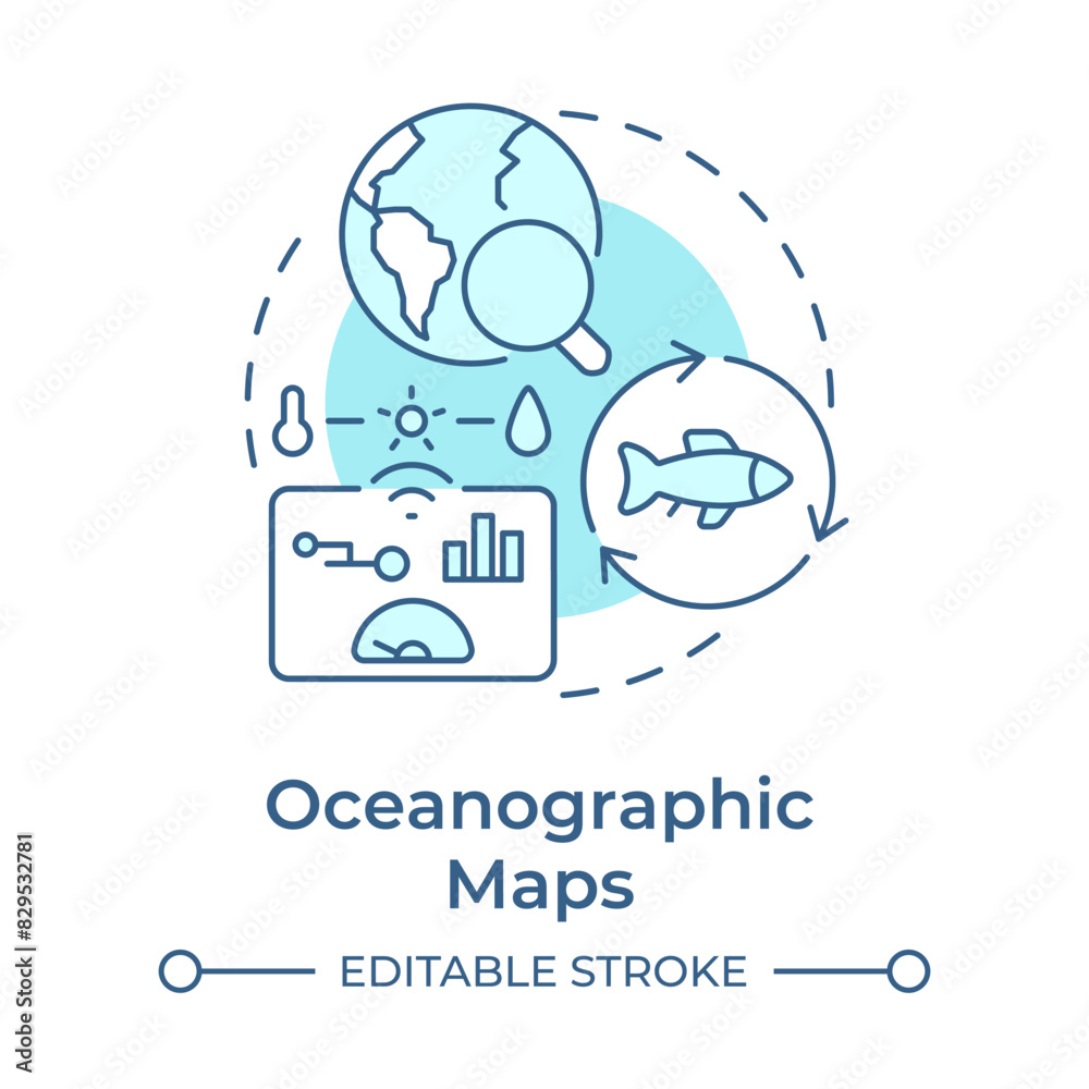 Oceanographic maps soft blue concept icon. Weather data, statistics. Monitoring tool. Round shape line illustration. Abstract idea. Graphic design. Easy to use in infographic, presentation Oceanographic maps soft blue concept icon. Weather data, statistics. Monitoring tool. Round shape line illustration. Abstract idea. Graphic design. Easy to use in infographic, presentation