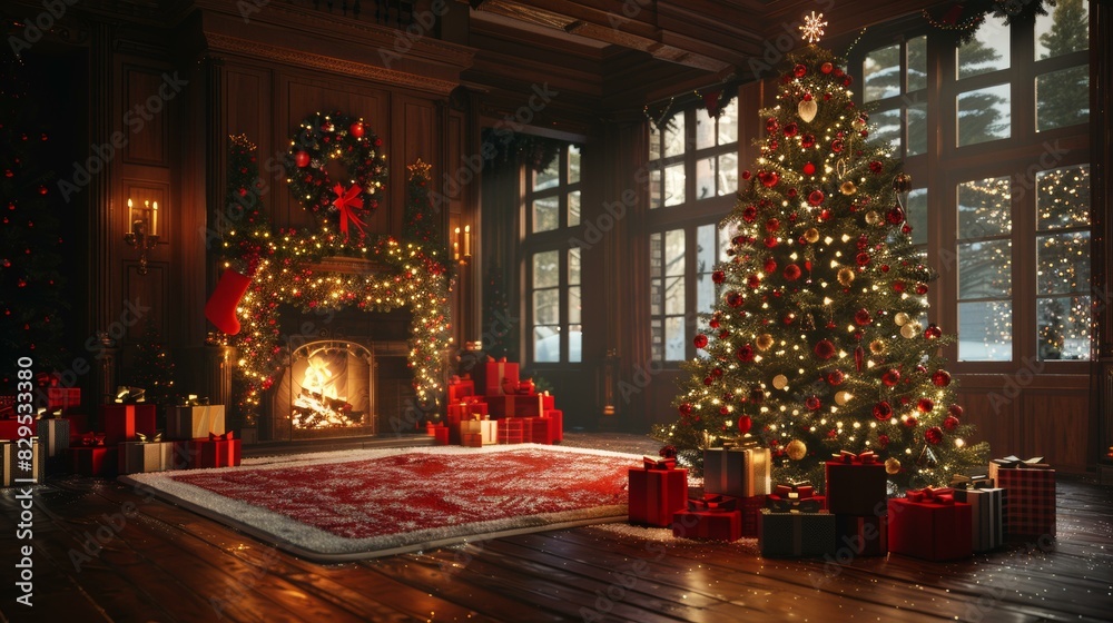 Christmas Tree by the Fireplace with Presents and Decorations Christmas Tree by the Fireplace with Presents and Decorations