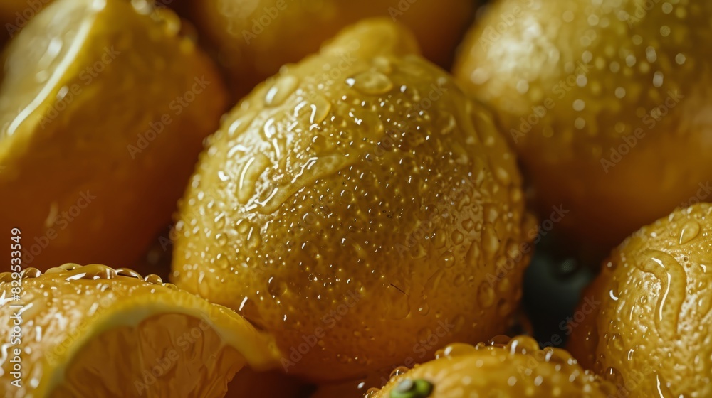 Overhead shot of fresh lemons with visible water drops on vibrant yellow background - close-up view highlighting juicy citrus fruits in high detail Overhead shot of fresh lemons with visible water drops on vibrant yellow background - close-up view highlighting juicy citrus fruits in high detail
