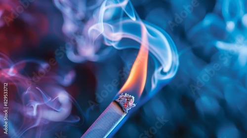 A close-up of a cigarette being lit, with the flame creating smoke tendrils that curl into the air.
