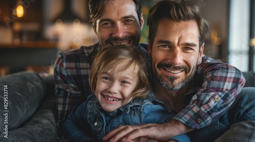 Smiling gay couple enjoying leisure time with their daughter on a sofa at home. a heartwarming family moment, showcasing the joy and comfort of their domestic life