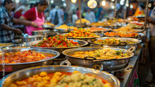 Vibrant Indian Street Food Market with Various Dishes