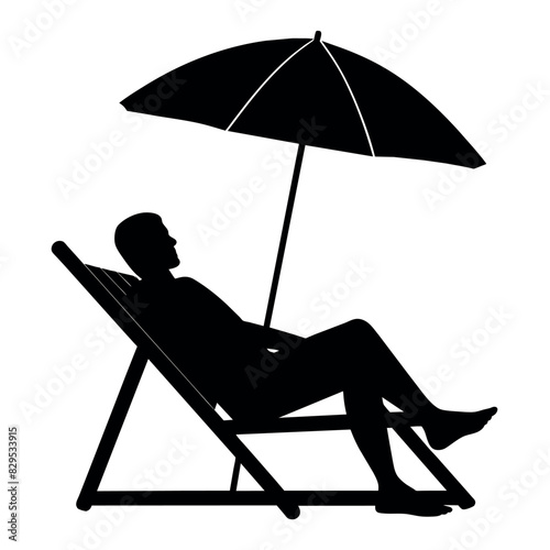 A man Sleeping on the sea beach, sitting on the Deckchair, with umbrella vector silhouette