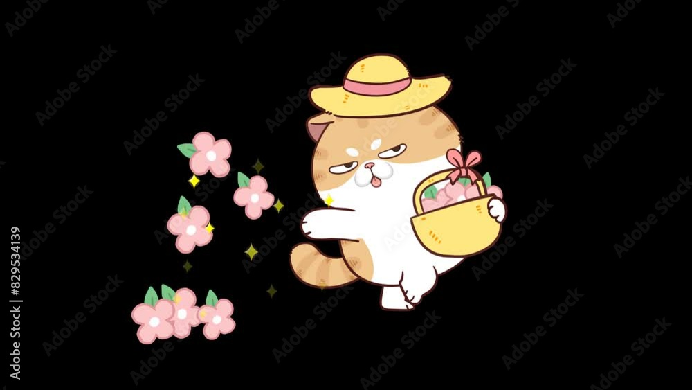 Animated Funny Cat Wearing a Hat Holding a Basket Throwing Flowers - Transparent Background