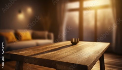 Minimalist wooden table with a softly blurred, warm-toned living room setting behind.