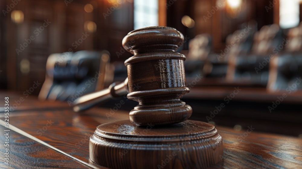 A close-up of a gavel resting on a wooden block, symbolizing the authority and legal proceedings in a courtroom A close-up of a gavel resting on a wooden block, symbolizing the authority and legal proceedings in a courtroom