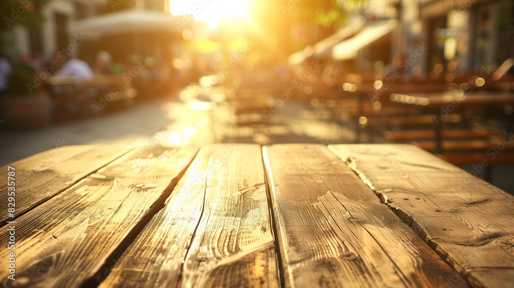 Sunlit Wooden Table in Outdoor Café Setting