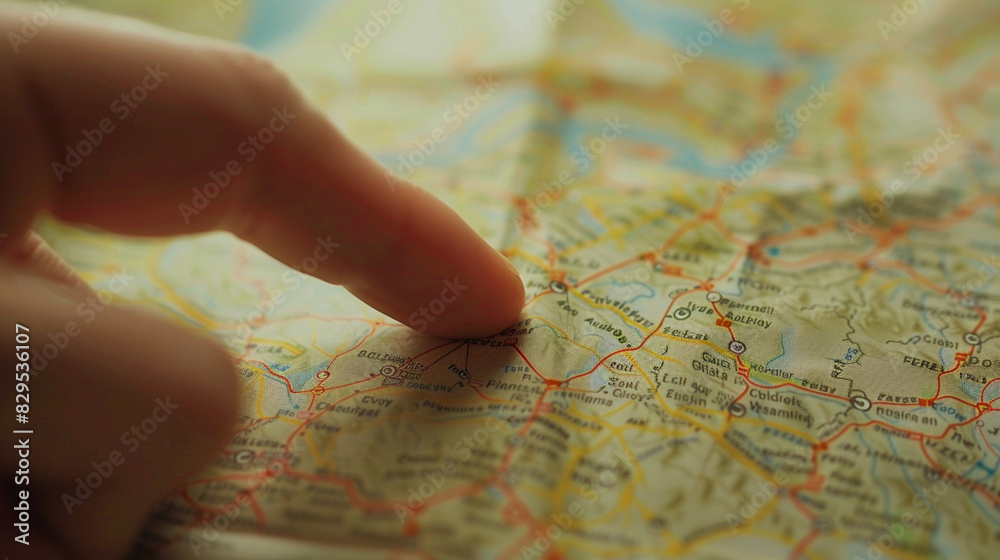 A close-up of a map with a finger tracing a travel route, highlighting the journey's path. A close-up of a map with a finger tracing a travel route, highlighting the journey's path.