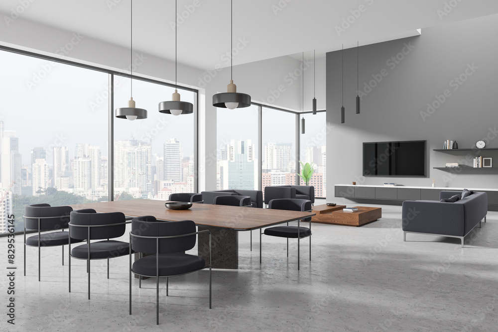 Home living room interior with eating and resting zone, panoramic window Home living room interior with eating and resting zone, panoramic window