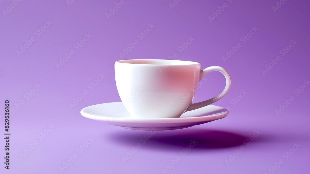 Minimalist white cup and saucer isolated on a soft purple background. Clean, modern design. Ideal for beverage, lifestyle, and kitchen themes. Conceptual composition. AI Minimalist white cup and saucer isolated on a soft purple background. Clean, modern design. Ideal for beverage, lifestyle, and kitchen themes. Conceptual composition. AI