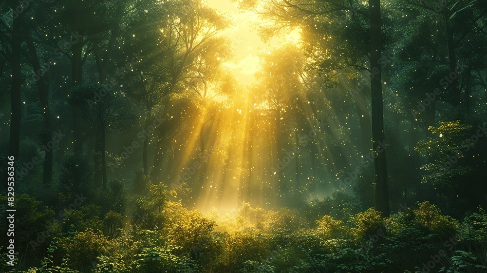 An illustration of a golden light shining through a forest.