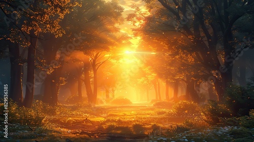An illustration of a golden light shining through a forest. © Sang