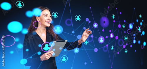 Canvas Print Woman with tablet finger touch human icons connected, online headhunting