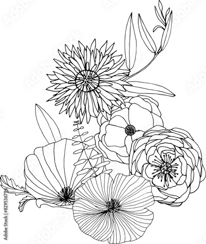 Black and white flower bouquet composition. Floral line art, hand drawn illustration svg, wildflowers (ID: 829536796)