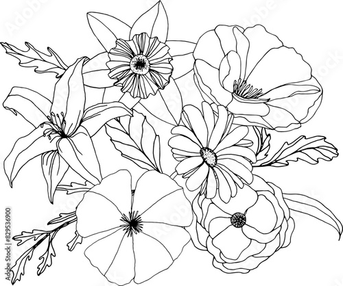Black and white flower bouquet composition. Floral line art, hand drawn illustration svg, wildflowers (ID: 829536900)