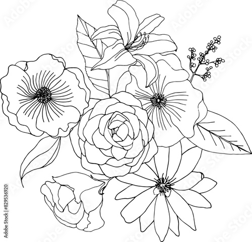 Black and white flower bouquet composition. Floral line art, hand drawn illustration svg, wildflowers (ID: 829536920)