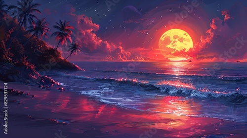 A vibrant depiction of a tranquil beach with a glowing sunset.