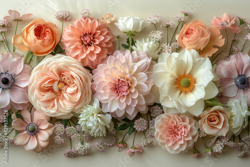 Soft pastel flowers delicately placed on a cream background