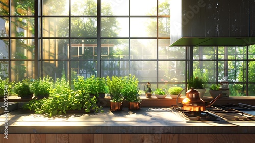 A sunlit open kitchen with floor-to-ceiling windows  showcasing a lush herb garden on the windowsill and a vintage copper kettle on the stove