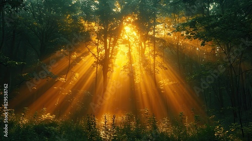 An image of a golden light shining through a forest. © Sang