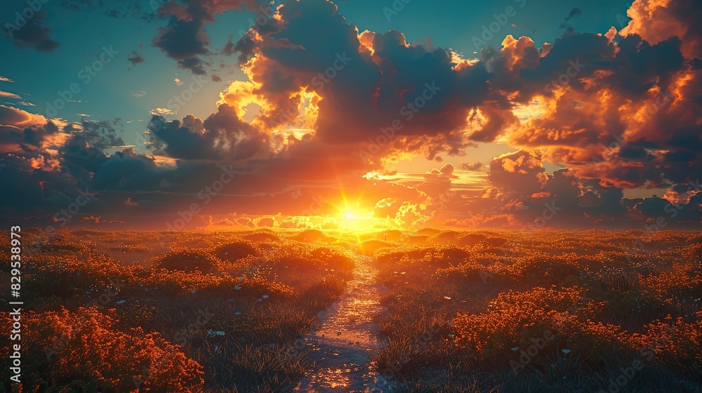 Naklejka premium A conceptual image of a path leading to a bright horizon.