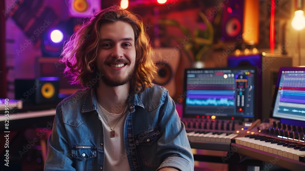 Joyful Young Music Producer Excels in Colorful Studio