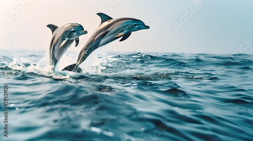 Two dolphins jumping out of the ocean water. Beautiful marine life captured in motion. Perfect for nature-themed designs and oceanic artwork. AI