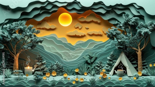 Artistic paper cut of a forest campsite with a cozy coffee nook beside a tent