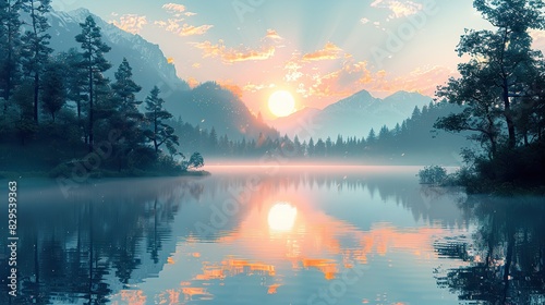 A digital illustration of a tranquil lake with a radiant reflection.