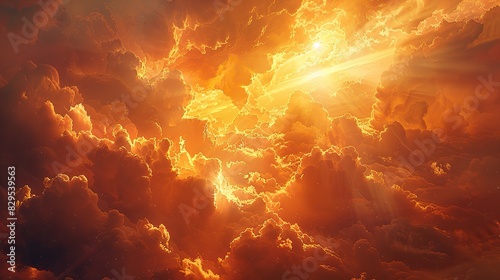 An image of a golden light shining through clouds.