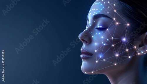 Beautiful woman with closed eyes and lines of digital facial biometric. Lifting lines, advertising of face contour correction, female face skin lifting. Facial rejuvenation concept, cosmetology