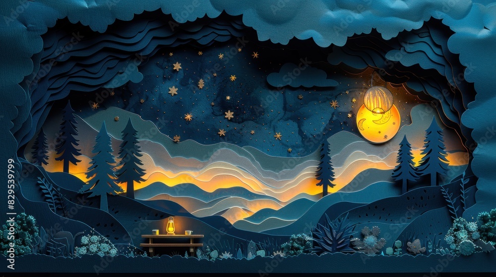 Elaborate paper cut depicting a camping table set with coffee cups and a lantern under the stars