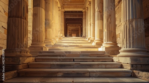 A majestic marble staircase leading up to the entrance of an ancient Greek temple