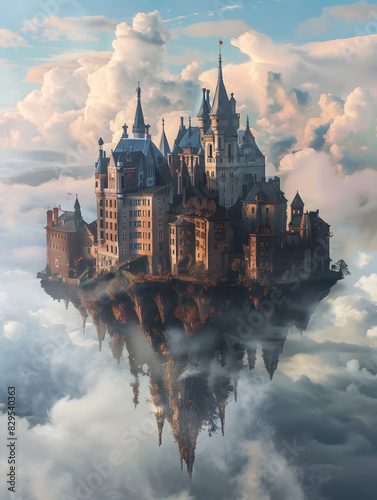 Medieval Castle Integrated into Floating City Above Rolling Clouds