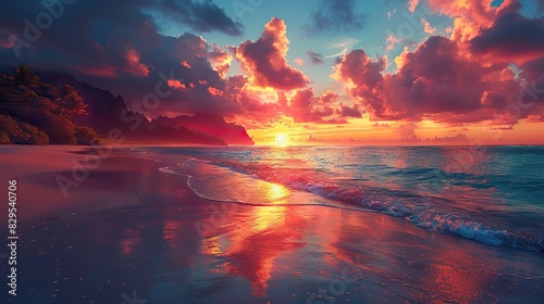 A vibrant image of a tranquil beach with a glowing sunset.