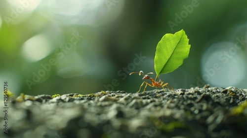 A close-up of a single ant carrying a tiny leaf, showcasing the strength and industriousness of these tiny insects. © Plaifah