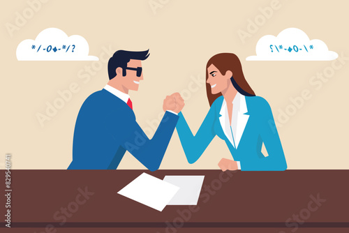 success business concept, man woman shake hand, or competition arm wrestling. friendship happiness, career promotion development, flat vector illustration 
