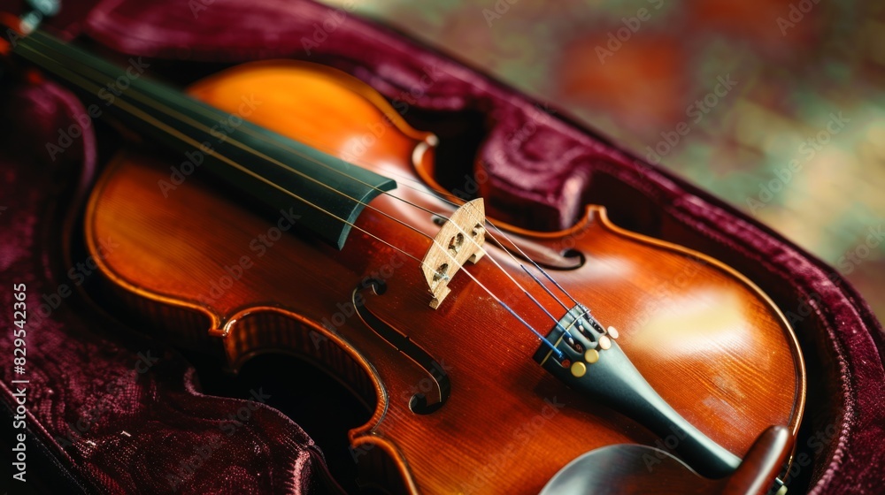 Fototapeta premium A close-up of a violin resting on a velvet cushion, its elegant curves and strings ready to produce enchanting melodies.