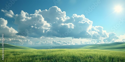 White clouds floating in the sky above a vast green prairie