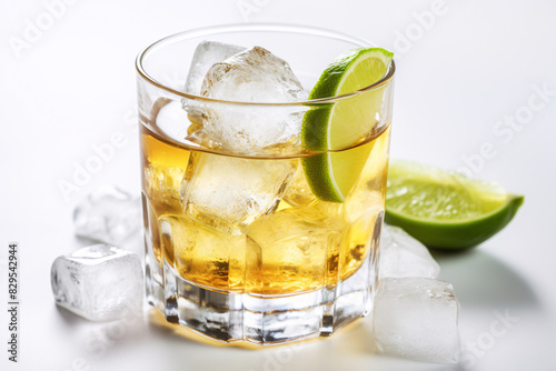 a glass of ice and amber liquid with a lime wedge