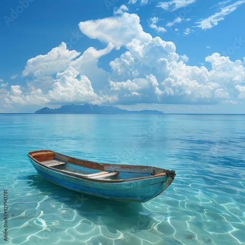 Boat in turquoise ocean water with sky photo