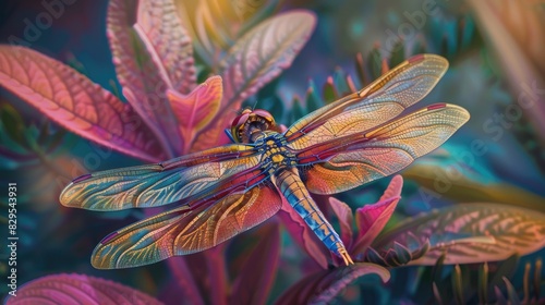 Immerse in nature s serene beauty with an enchanting picture of a dragonfly resting gently on a vibrant perch photo