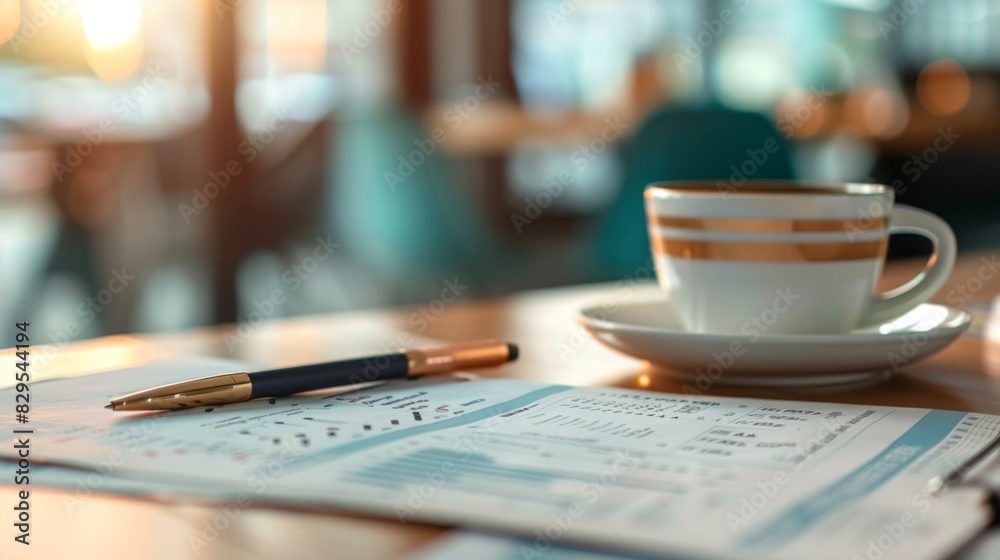 A close-up of financial documents and charts on a desk, with a cup of coffee and a pen in the background.