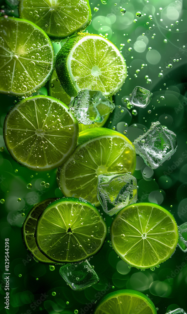 Lime slices in water with ice cubes, closeup, high resolution photography, green background. Lime slices in water with ice cubes, closeup, high resolution photography, green background.