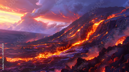 Lava Serenely Flows Down Volcanic Slope, Fiery Colors Contrasting Tranquility