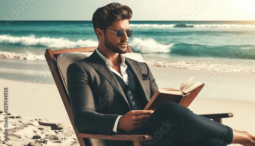 A man in sunglasses and a suit, comfortably reading a book by the shore - Generative AI