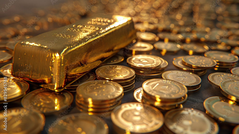 a gold bar on top of a pile of coins a gold bar on top of a pile of coins