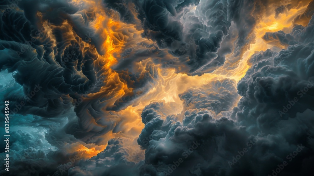 A close-up of swirling storm clouds illuminated by the setting sun, creating a dramatic and dynamic composition.