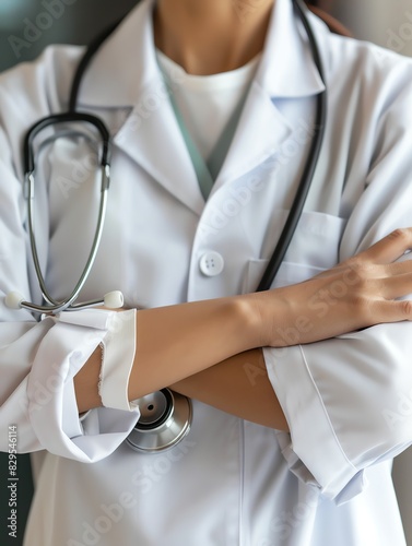 Doctor in uniform holding stethoscope and crossed arms. Hospital or clinic background and copy space