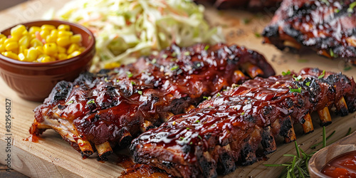  bbq ribs, coleslaw, grilled corn spread. AI generative.